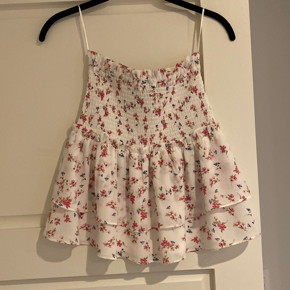Aqua smocked white and pink floral mini skirt